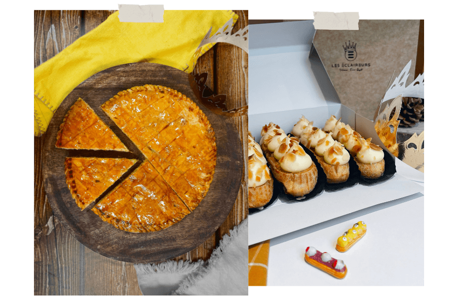 Galette des rois Les Éclaireurs et coffret d'éclairs à la frangipane
